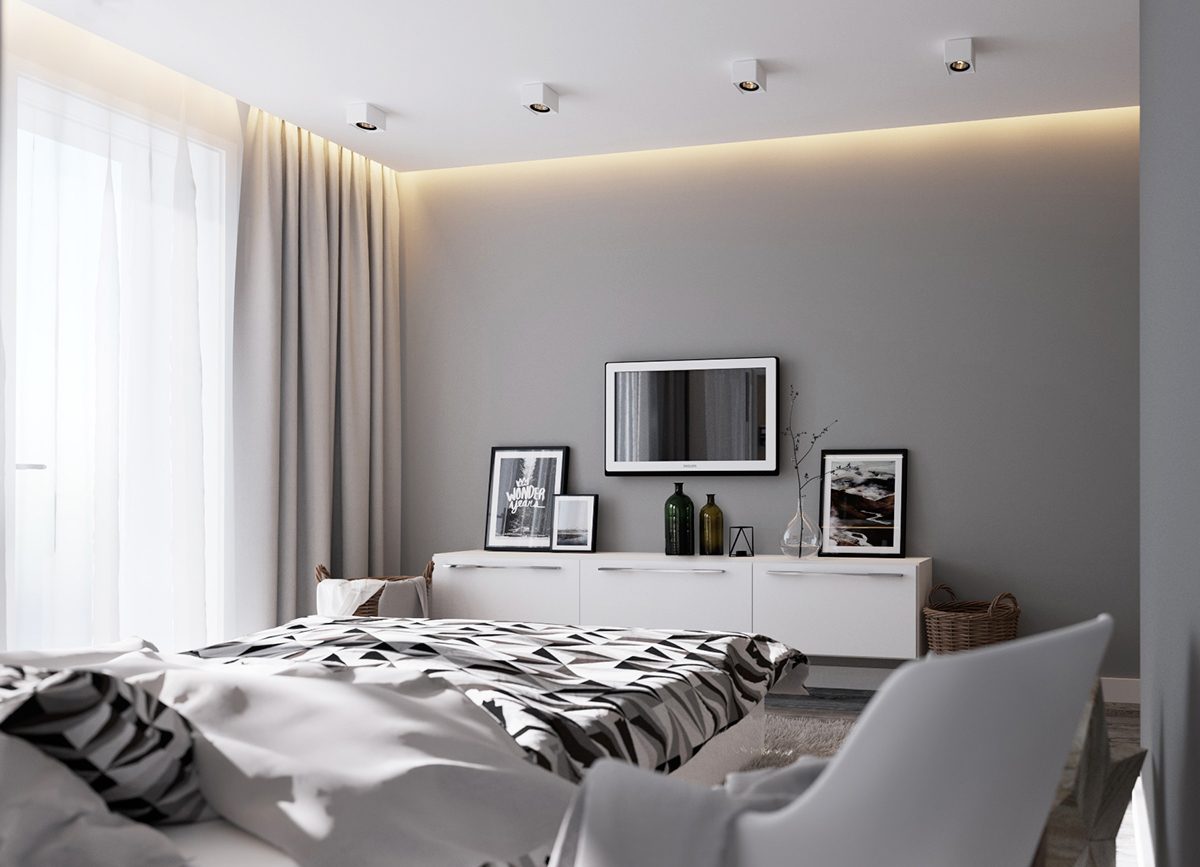 A bed room with monochromatic colour palette. 