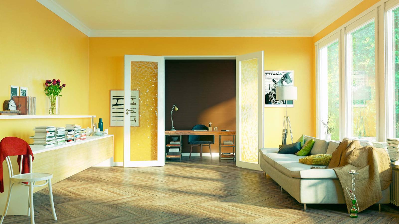Living room painted in yellow.