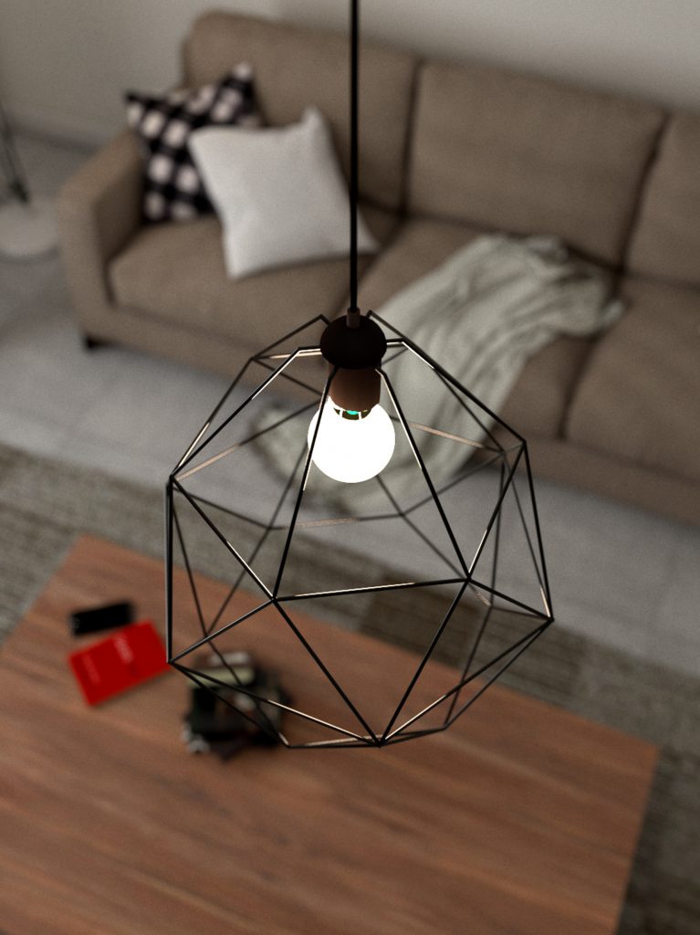 Home decor: top view of pendant ceiling light and coffee table.