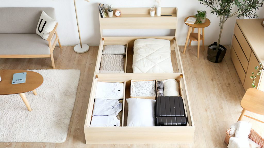 Aube wooden drawer storage bed.