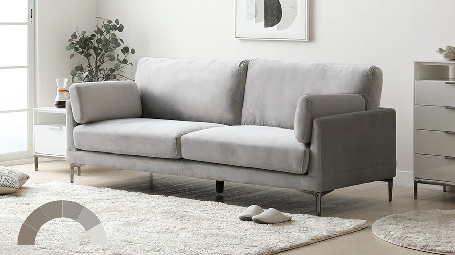 Grey and white living room interior design with Alivi Velvet 3-Seater Sofa.