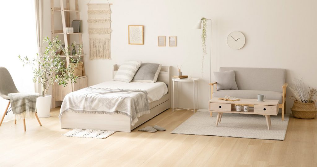 A mimimalistic Japanese Zen-inspired Scandinavian living room.