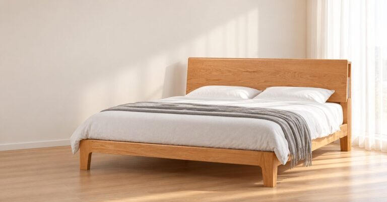 Nara American oak bed frame with a mattress and white bedding in a bright Singapore bedroom