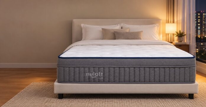 Nuloft Luxe cooling mattress Nuloft Luxe cooling mattress on a bed frame in a Singapore bedroom at night