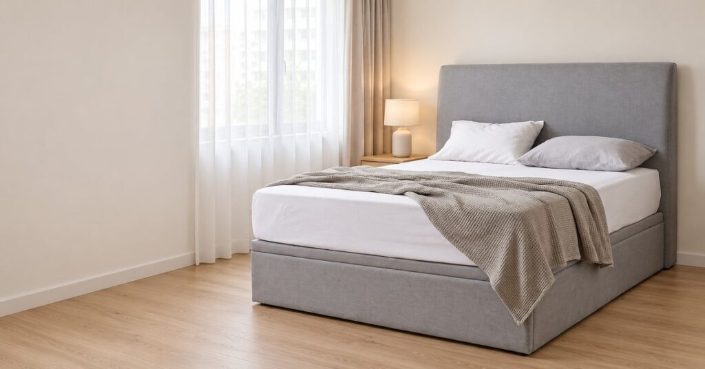 Fabric storage bed frame in a bright Singapore HDB bedroom